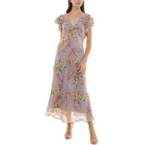 Taylor Purple Floral Flutter Sleeve Babydoll Midi Dress Sz S Fairy Cottage